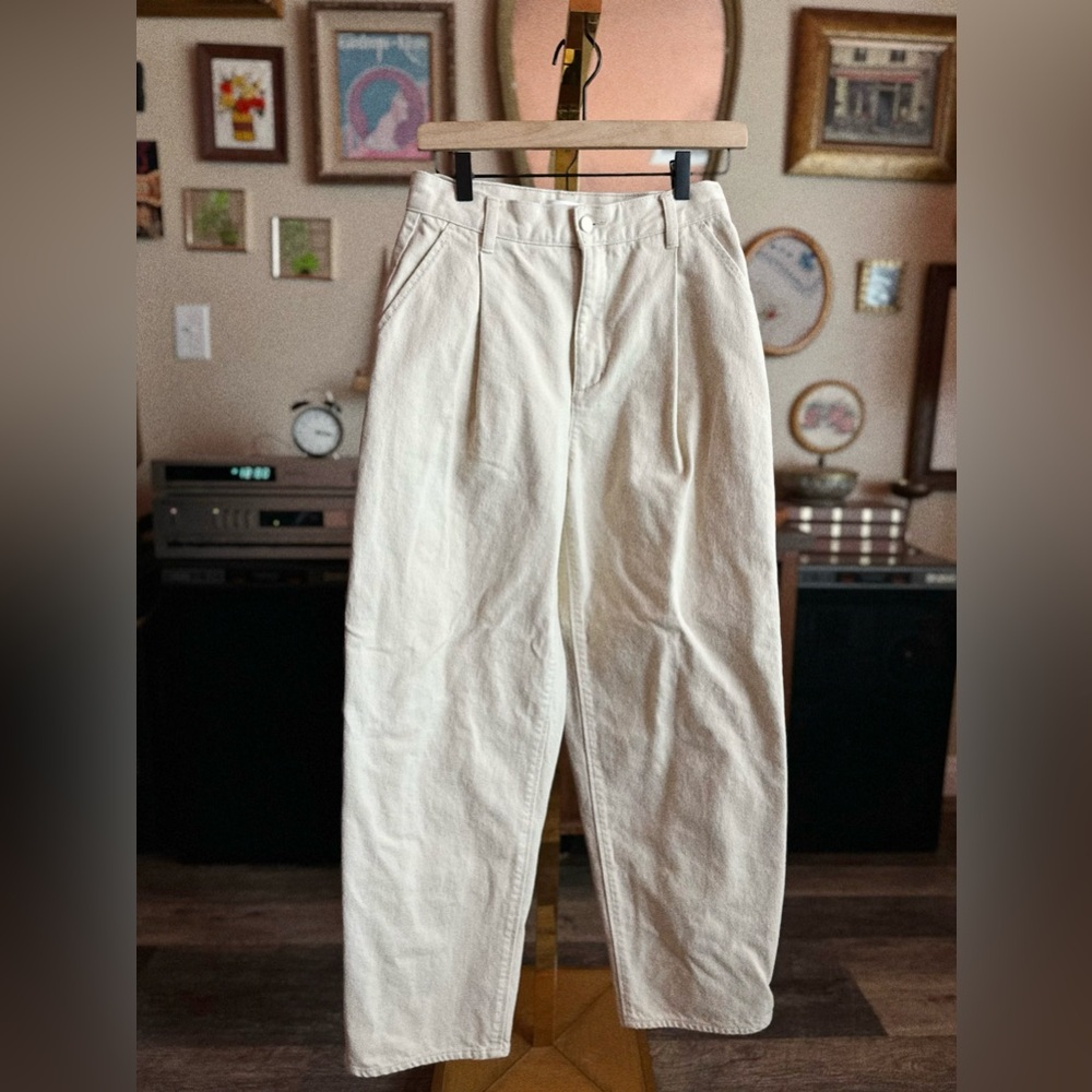 The Sculptural Pleated Barrel-Leg Jean in Cream